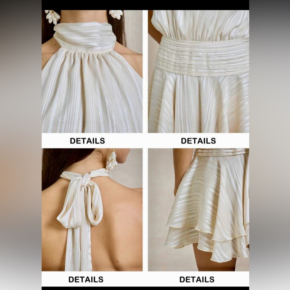 Ruffle hem satin ivory off white mock neck tie open back halter mini dress - Picture 10 of 11